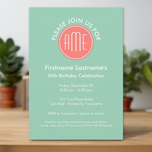 Mint och korallfärgade chevroner med anpassad mono inbjudningar (Monogram Preppy Birthday Invitation)