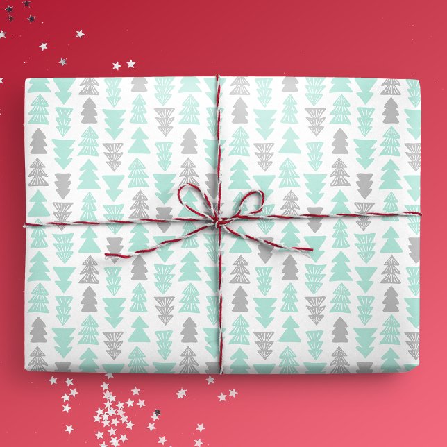 Mint och Light Grått Julgranar Presentpapper (Gift mockup)