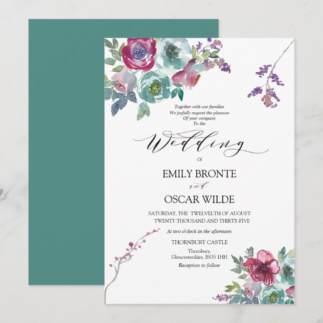 Mint och Mauve Blommigt bröllopsinbjudan Inbjudningar (Fram/baksida)