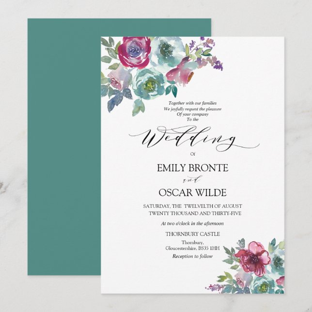 Mint och Mauve Blommigt bröllopsinbjudan Inbjudningar (Fram/baksida)