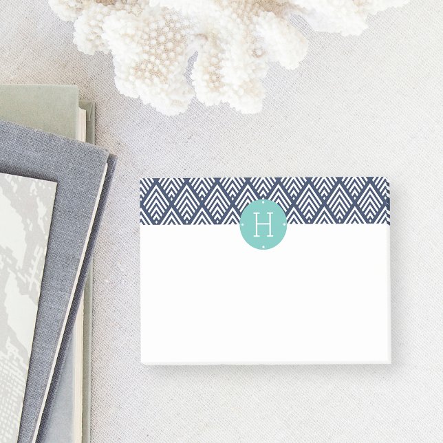 Mint och Navy Diamond Chevron Mönster Monogram Post-it Block (Skapare uppladdad)