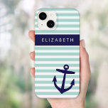 Mint och Navy Nautical Rand Anchor Monogram<br><div class="desc">Nautical Smala Vågrät Rand med en Cute Anchor och Personlig med eget namn eller Monogram</div>