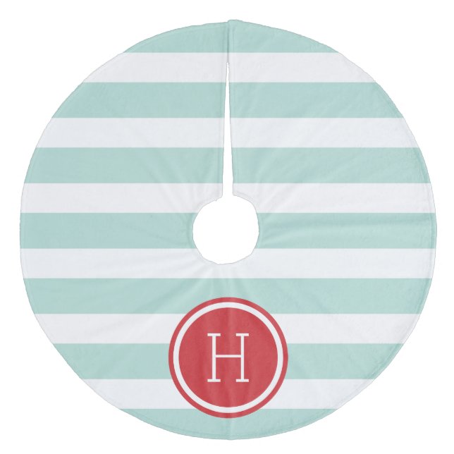 Mint och Red Preppy Rand Monogram Julgransmatta Fleece (Framsidan)