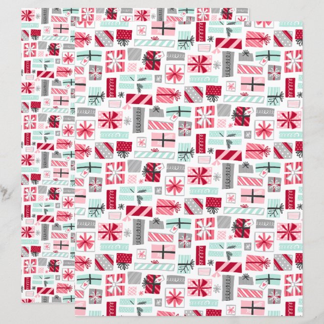 Mint och röda julpresenter Scrapbookpapper (Fram/baksida)