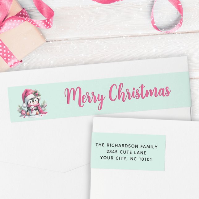 Mint och Rosa God jul Cute Penguin Adress Etikettband (Skapare uppladdad)