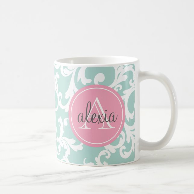 Mint och rosa Monogrammed damastast tryck Kaffemugg (Höger)