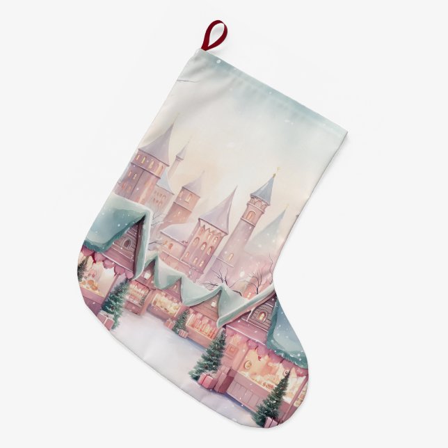 Mint och Rosa Mysigt julmarknad - vinterscenen Stor Julstrumpa (Framsidan (Hängande))