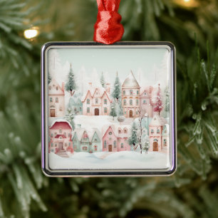 Mint och Rosa Mysigt Watercolor Winter Scene Julgransprydnad Metall