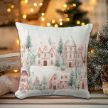 Mint och Rosa Mysigt Watercolor Winter Scene Kudde<br><div class="desc">En matt och rosa vattenfärgsscen med mysiga hem,  Julgranar och snö!</div>