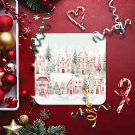 Mint och Rosa Mysigt Watercolor Winter Scene Underlägg Papper Kvadrat