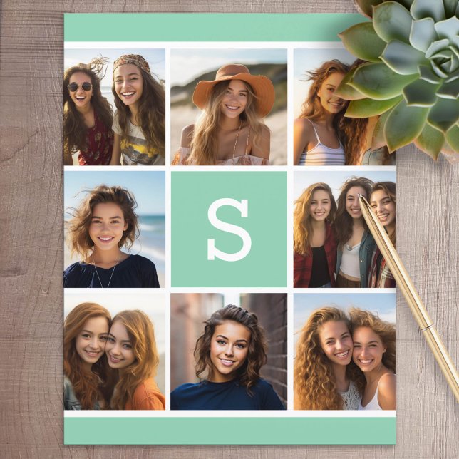 Mint och vit fotokollage monogram brevpapper (Personalized Stationery)