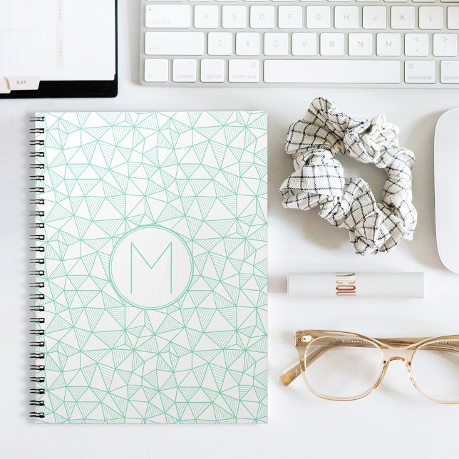 Mint och White Modern Geometric Mönster Monogram Anteckningsbok Med Spiral (Skapare uppladdad)