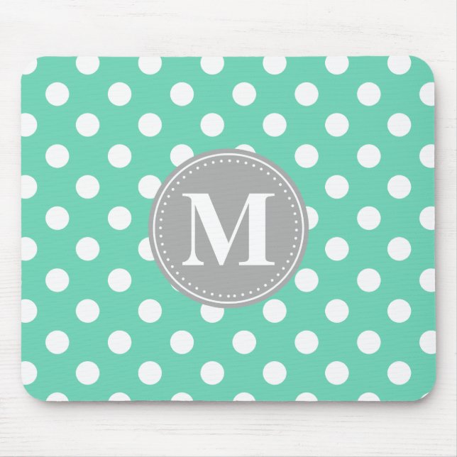 Mint och White Polka dots Grått Monogram Musmatta (Framsidan)