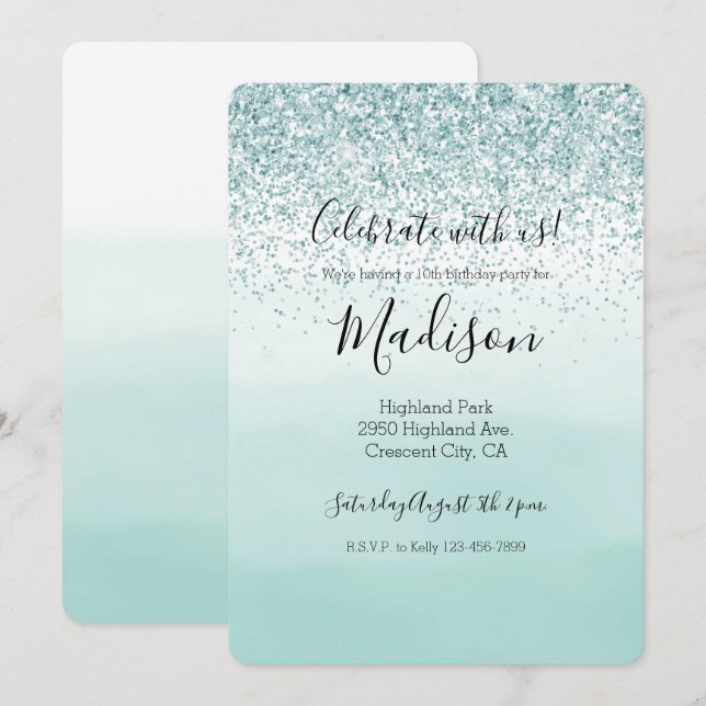Mint Ombre Glitter Inbjudningar (Fram/baksida)