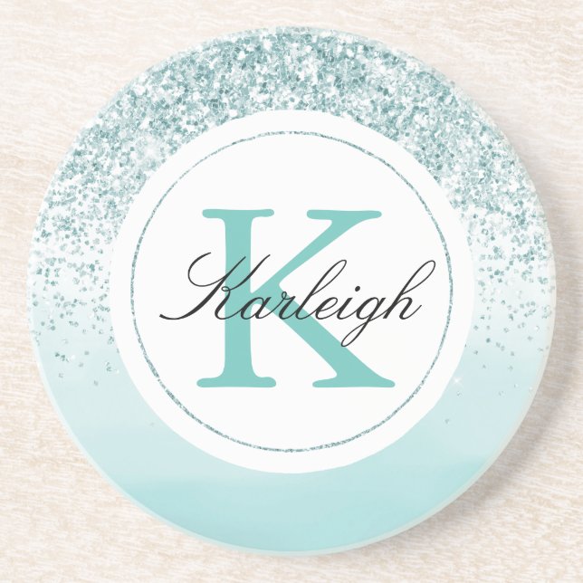 Mint Ombre Glitter Monogram Underlägg (Framsidan)