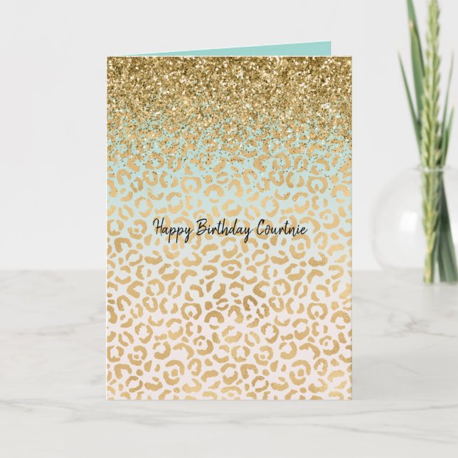 Mint Ombre Guld Glitter Leopard Skriv ut Kort (Framsida)