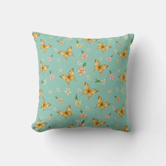 Mint Orange Floral Throw Pillow Kudde (Framsida)