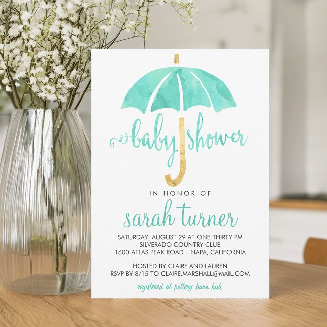 Mint Paraplla Neutralt Baby Shower-inbjudningar Inbjudningar (Skapare uppladdad)