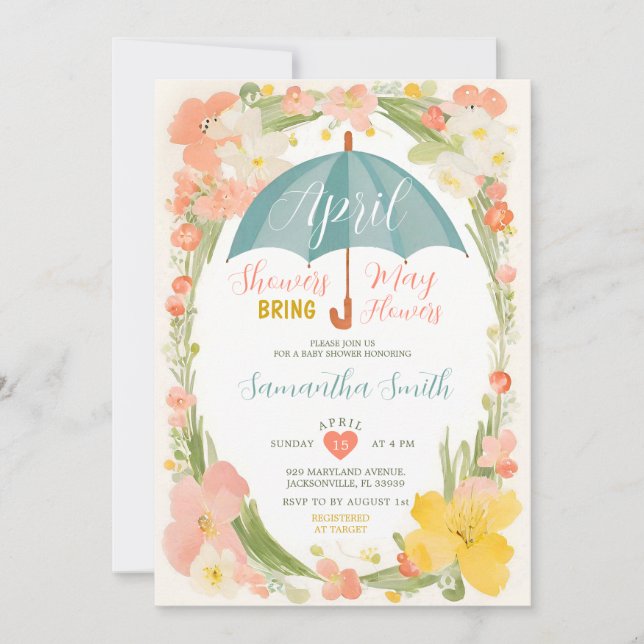 Mint paraply April Showers Baby Shower Blommig Inbjudningar (Framsida)