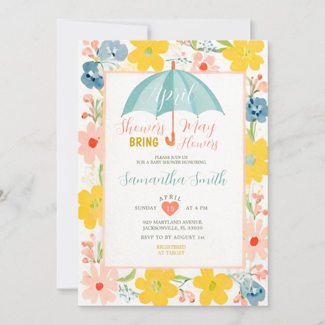 Mint Parasoll April Regn Baby Shower Blommig Inbjudningar (Framsida)