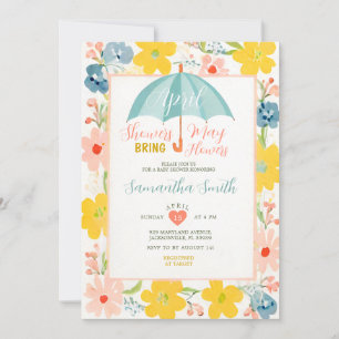 Mint Parasoll April Regn Baby Shower Blommig Inbjudningar