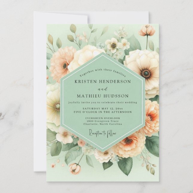 Mint Peach Blossom Elegance Wedding Inbjudningar (Framsida)