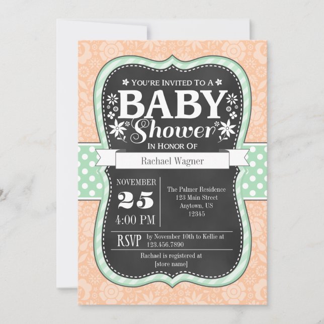 Mint Peach Chalkboard Blommigt Baby Shower Inbjuda Inbjudningar (Framsida)