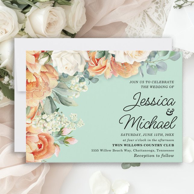 Mint Peach White Blommigt Bröllop Inbjudningar (Peach and white roses on mint green wedding invitation)