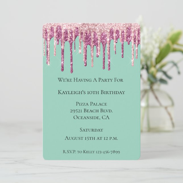Mint Pink Blush Ice Cream Glitter Drips Birthday Inbjudningar (Stående Fram)