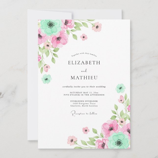 Mint Pink Floral Whimsy Wedding Inbjudningar (Framsida)