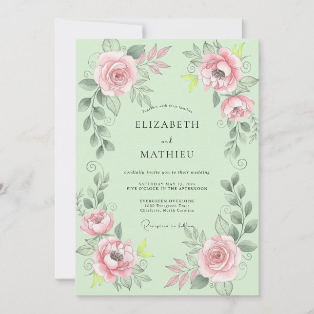 Mint Pink Ranunculus Eucalyptus Bröllop Inbjudningar (Framsida)