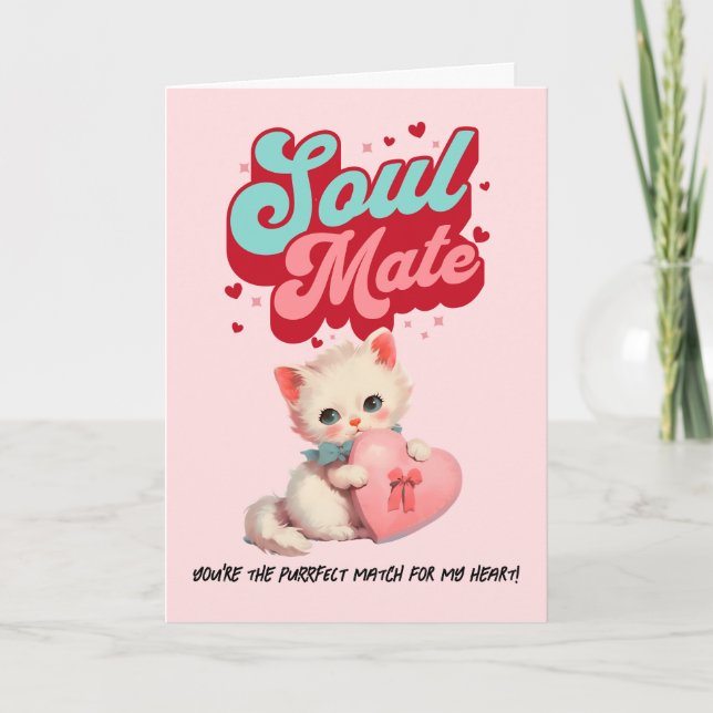 Mint Pink Soul Mate Retro Cat Valentine’s Day Card Helgkort (Framsida)