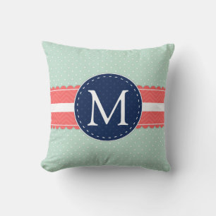 Mint Polka Dot Mönster Coral Navy Blue Monogram Kudde