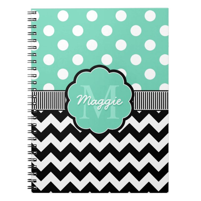 Mint Polka dots Black Chevron Monogram Anteckningsbok (Framsidan)