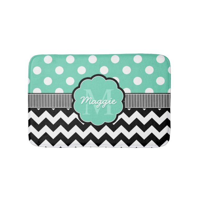 Mint Polka dots Black Chevron Monogram Badrumsmatta (Framsidan)