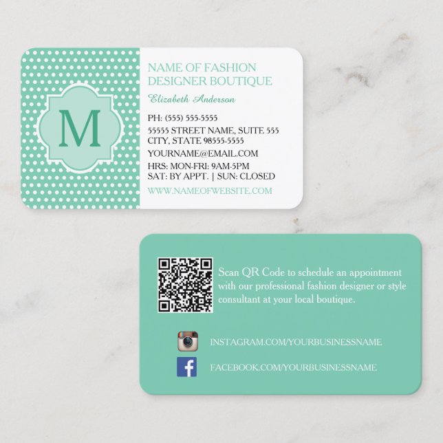 Mint Prickig Mode Boutique Visitkort (Fram/baksida)