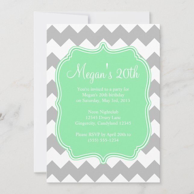 Mint Quatrefoil Chevron Birthday Inbjudan (Framsida)