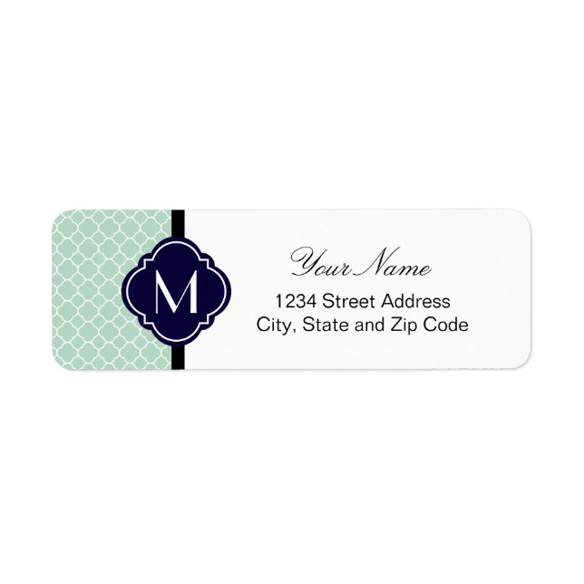 Mint Quatrefoil Mönster med Monogram Returadress Etikett (Framsidan)