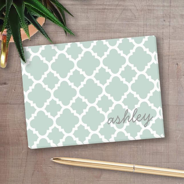 Mint Quatrefoil Mönster med Personlig Namn Post-it Block (Personalized Post-it notes - add your name and other text)
