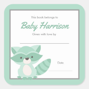 Mint Raccoon Baby Shower Bookplate, neutralt Fyrkantigt Klistermärke