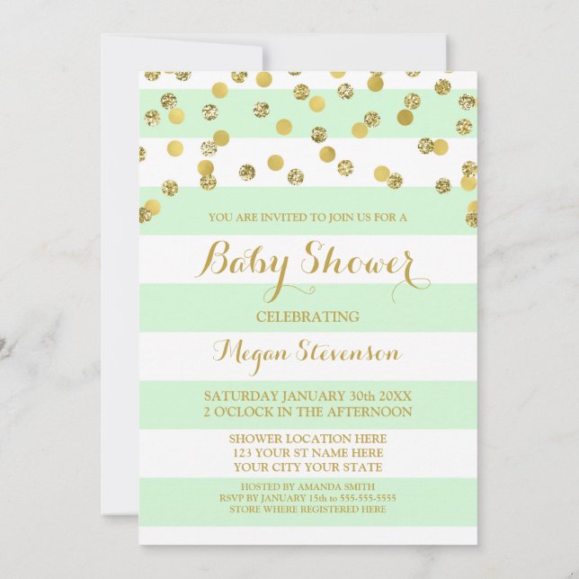 Mint Rand Guld Confetti Baby Shower-inbjudan Inbjudningar (Baksida)