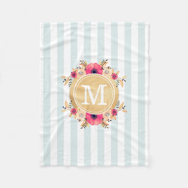 Mint Rand Watercolor Flowers Faux Guld Monogram Fleecefilt (Framsidan)