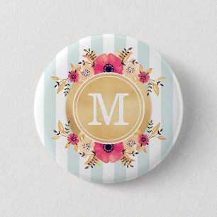 Mint Rand Watercolor Flowers Faux Guld Monogram Knapp