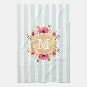 Mint Rand Watercolor Flowers Faux Guld Monogram Kökshandduk