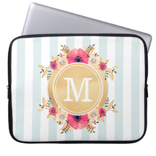 Mint Rand Watercolor Flowers Faux Guld Monogram Laptop Fodral