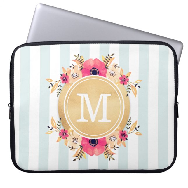 Mint Rand Watercolor Flowers Faux Guld Monogram Laptop Fodral (Framsidan)