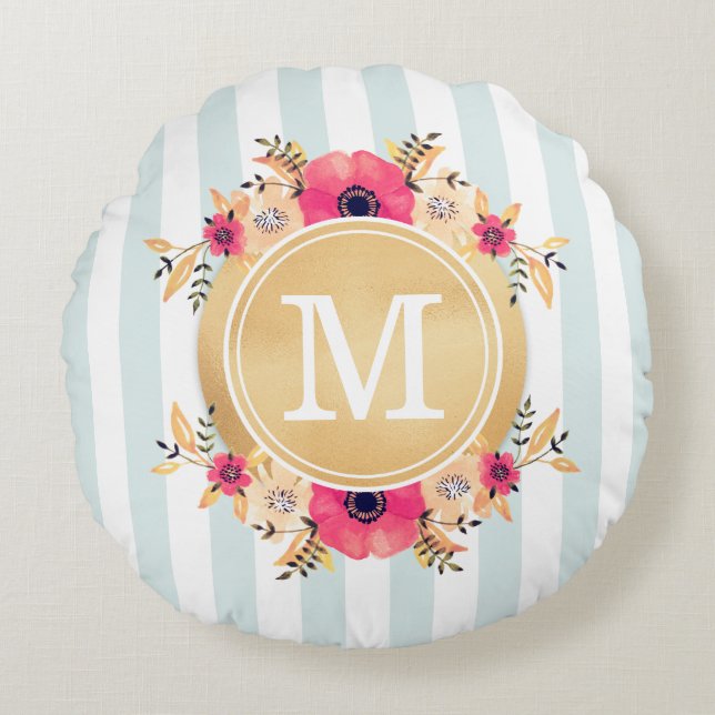 Mint Rand Watercolor Flowers Faux Guld Monogram Rund Kudde (Framsidan)