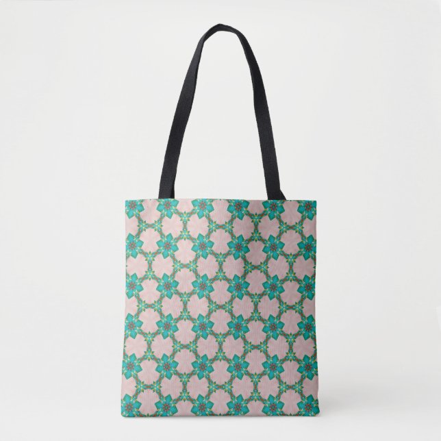 Mint & Red Retro Floral Tote Bag Tygkasse (Framsida)