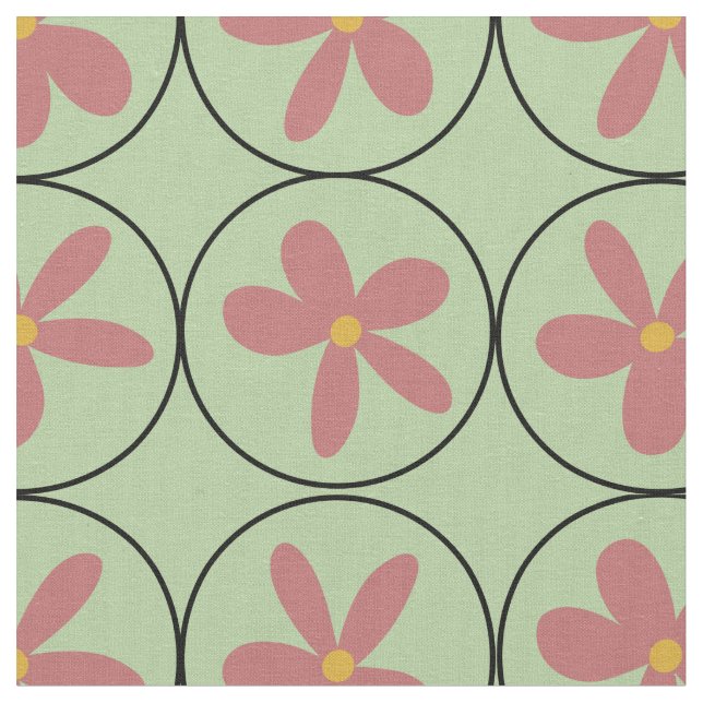 Mint Retro Floral Tile Combed Cotton Fabric Tyg (Närbild)