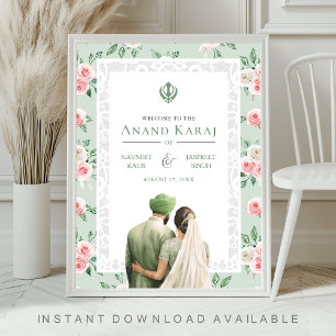 Mint Rosa Blommig Anand Karaj Bröllops Välkomstsky Poster